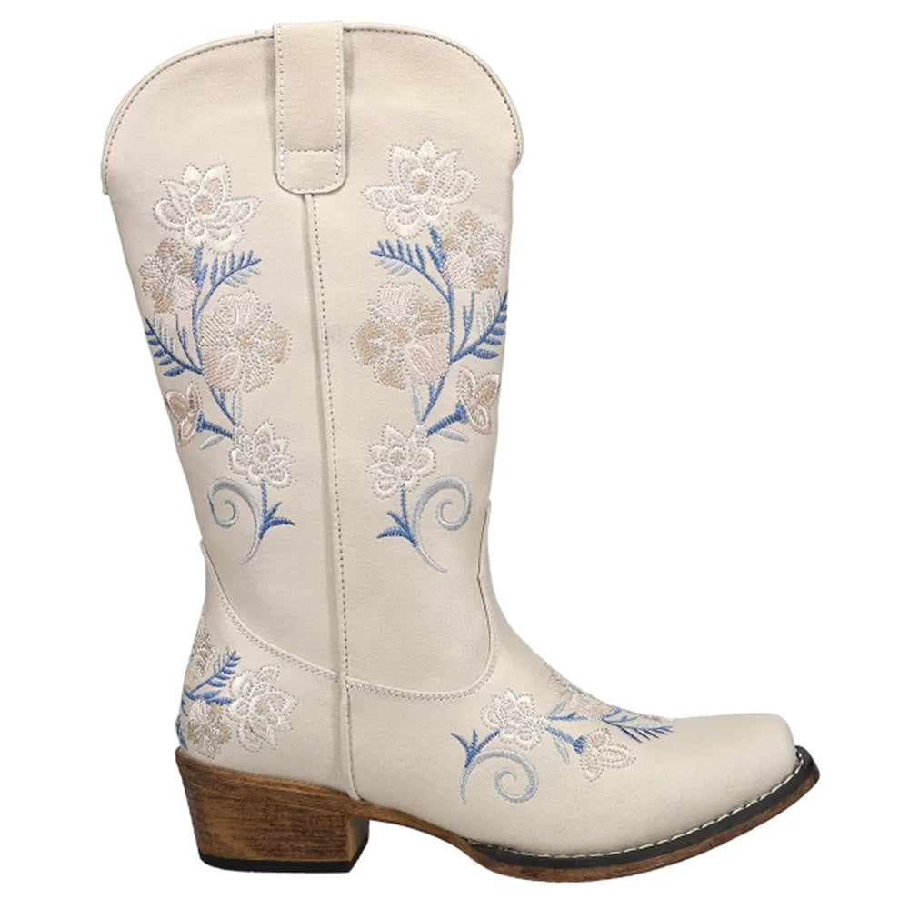 Womens Floral Embroidery Snip Toe Casual Boots Mid Calf Low Heel S31799