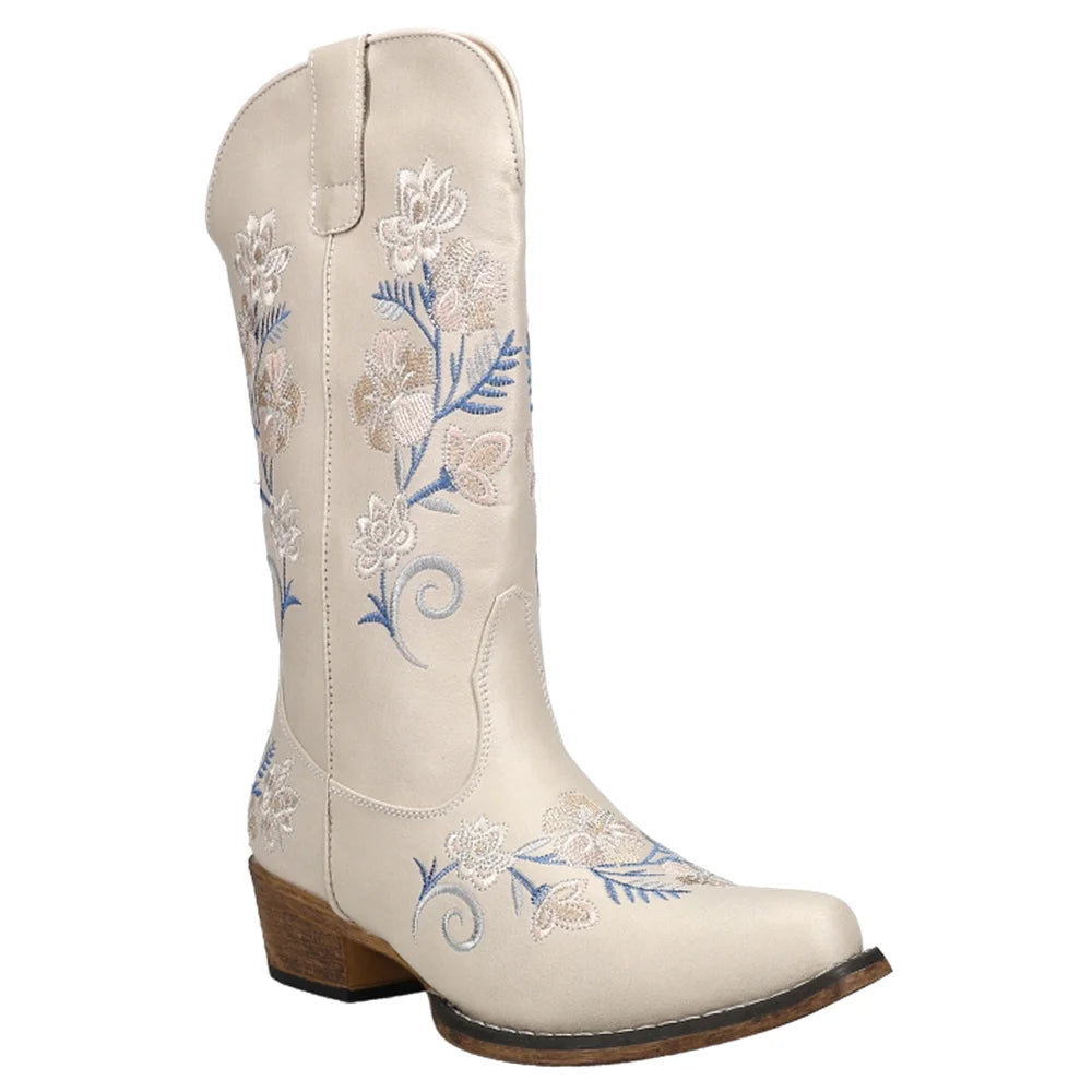 Womens Floral Embroidery Snip Toe Casual Boots Mid Calf Low Heel S31799