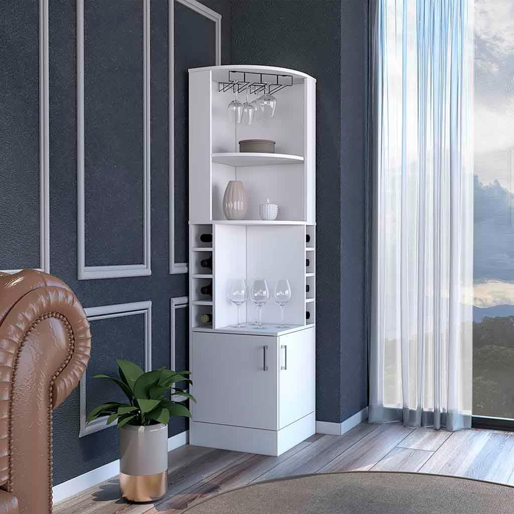 White Tall Corner Bar Storage Cabinet with Wine Rack W35229