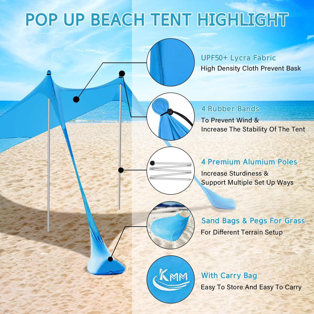 Beach Tent Sun Shade Canopy with 4 Poles Y4985