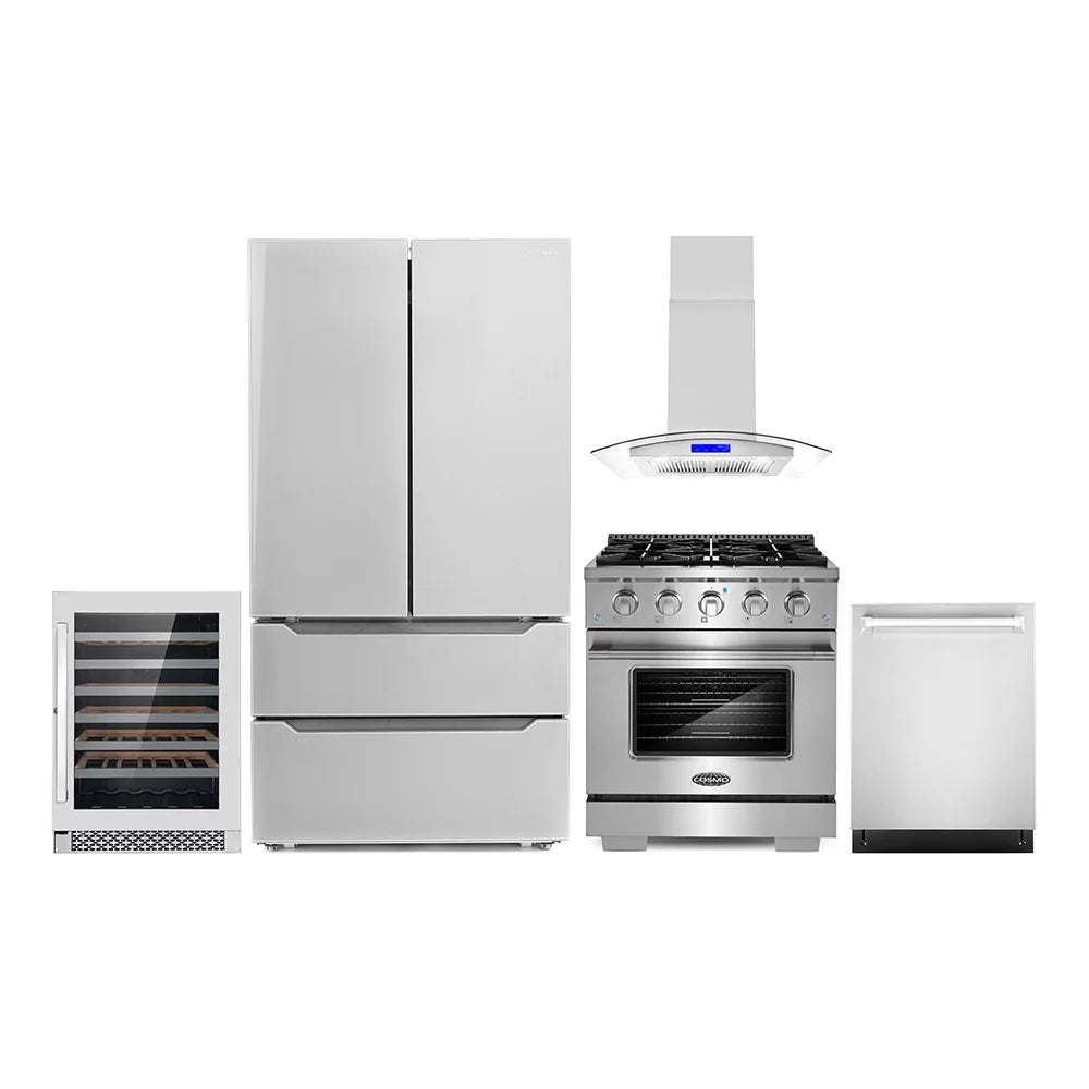 5 Piece Kitchen Appliance Package with Gas Range Range Hood Dishwasher French Door Refrigerator Wine Refrigerator C38490