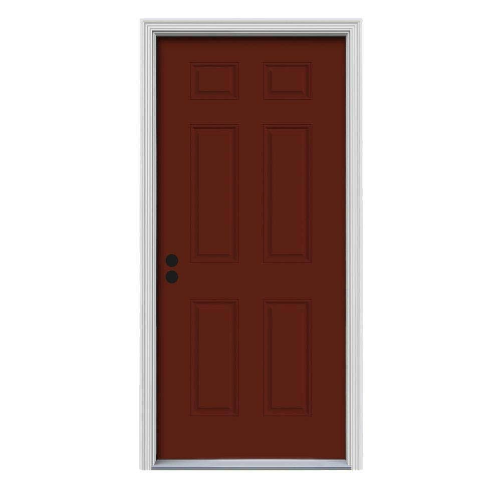 30 in. x 80 in. 6-Panel Red Painted Steel Prehung Right-Hand Inswing Front Door with Brickmould B8581