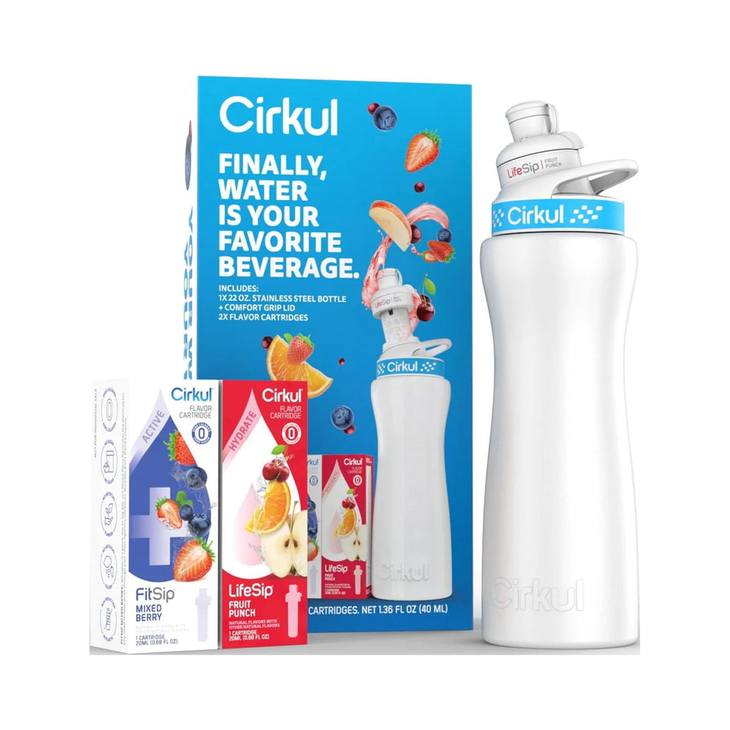 22oz White Stainless Steel Water Bottle with Blue Lid and 2 Flavor Cartridges R1063