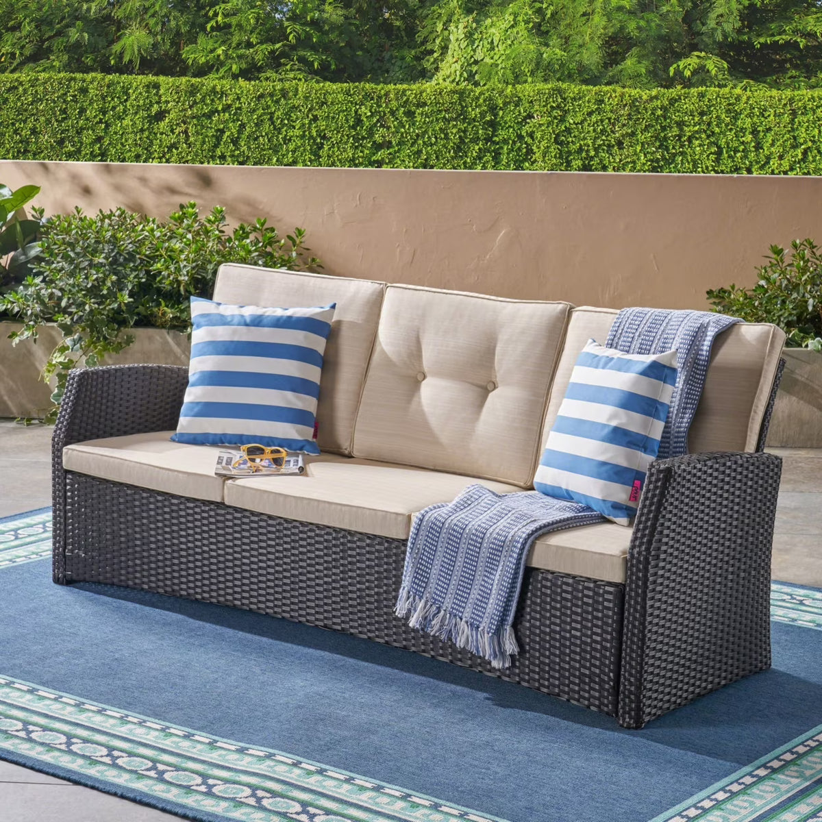 Beige and Dark Brown Outdoor Wicker 3 Seater Sofa with Tufted Cushions Y427