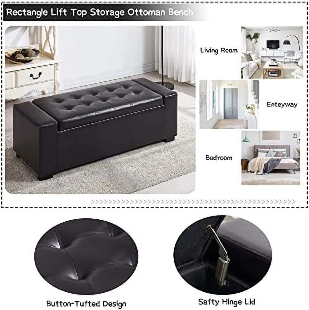 36 Inch Wide Square Lift Top Tufted Faux Leather Ottoman Bench P539035