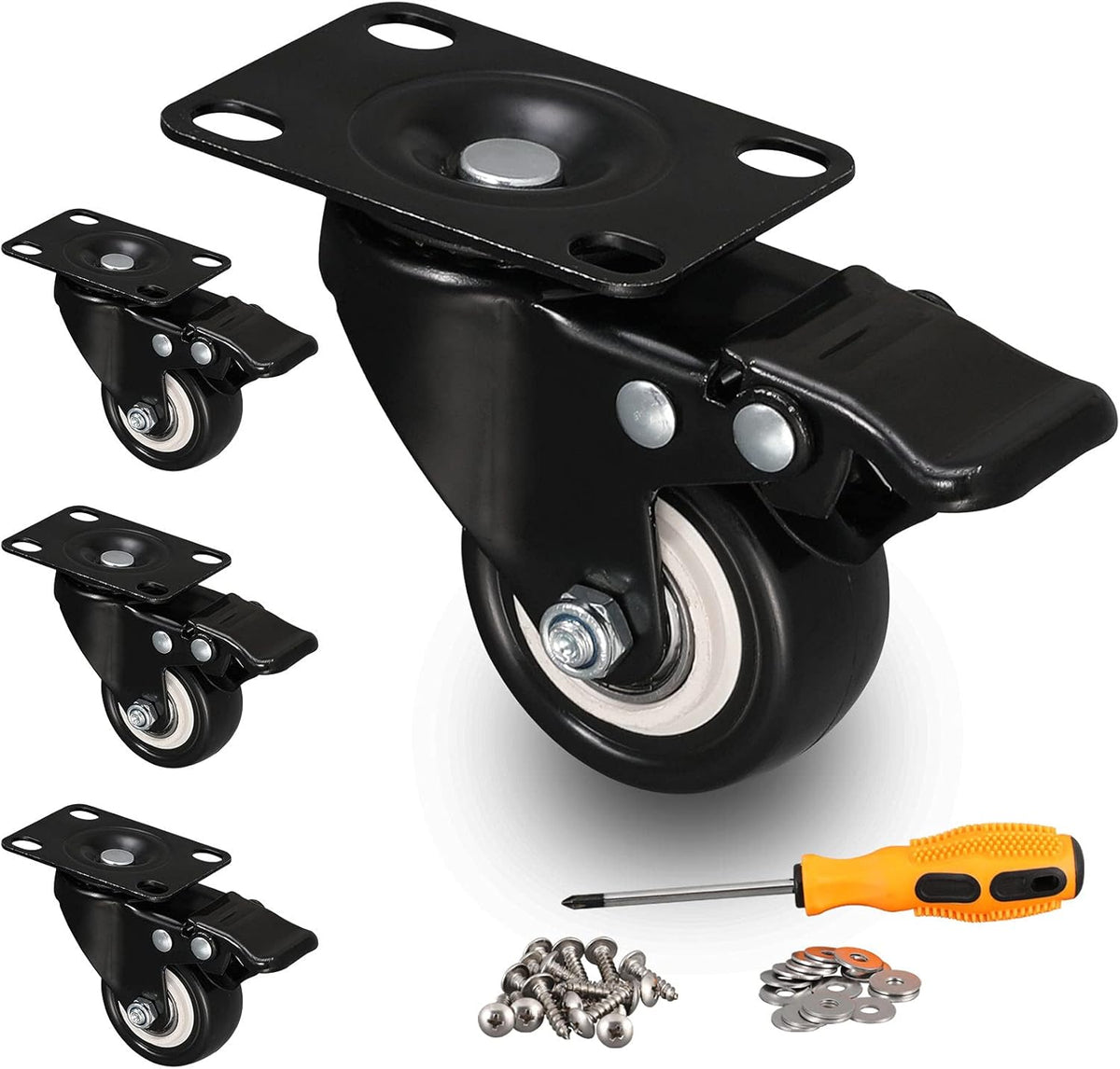 Black 2 inch Swivel Casters Set of 4 with Safety Brake H163