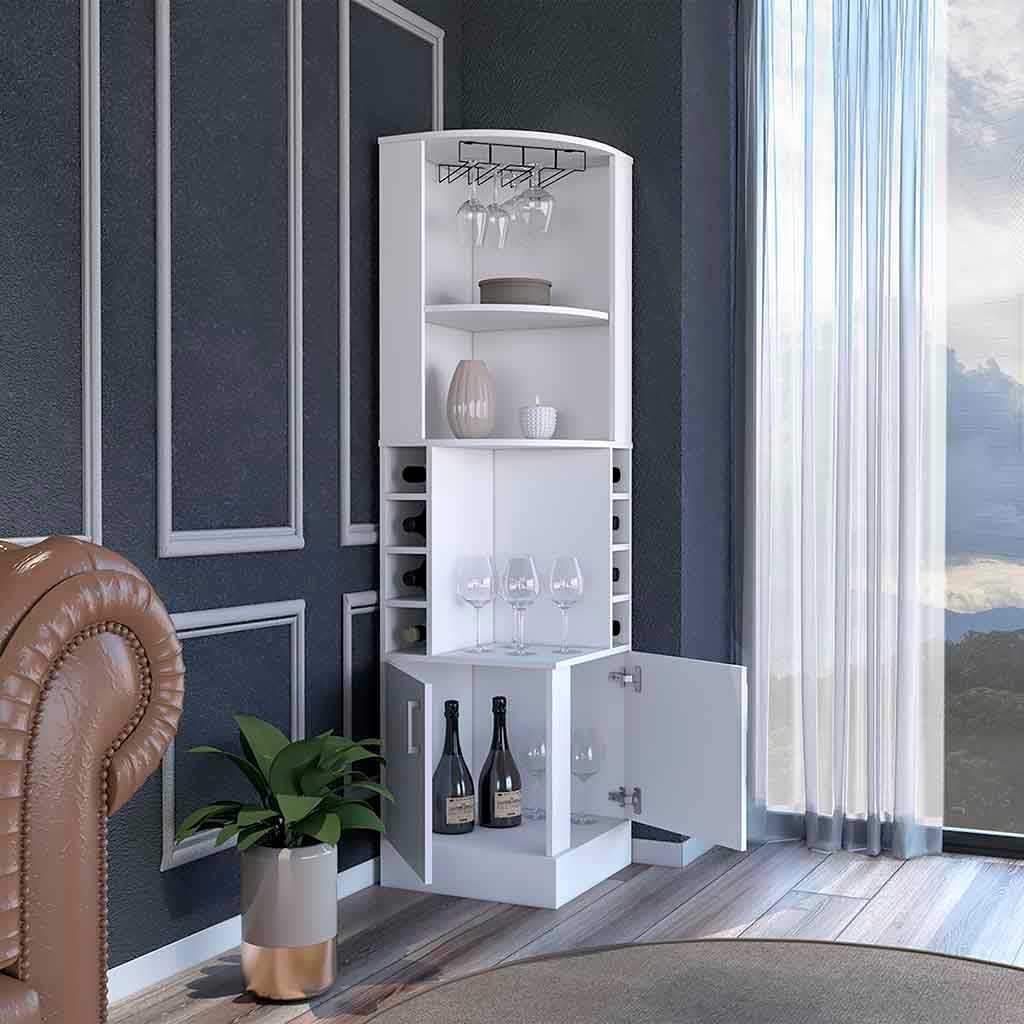 White Tall Corner Bar Storage Cabinet with Wine Rack W35229