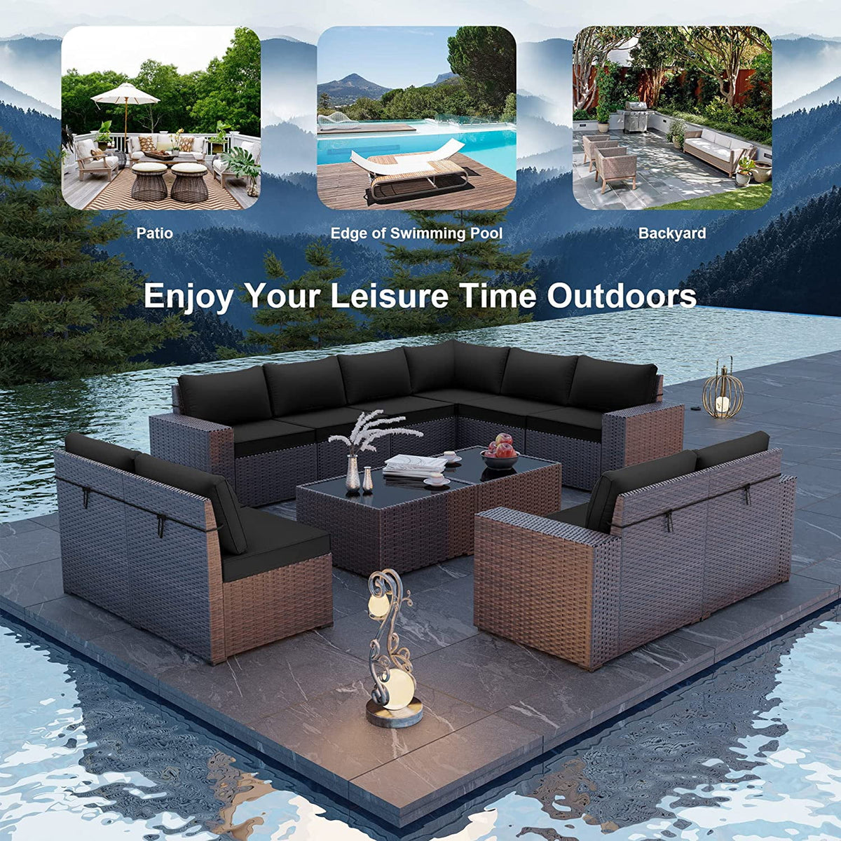 13 Pieces Outdoor Patio Rattan Wicker Furniture Set with Fire Pit Table A73787