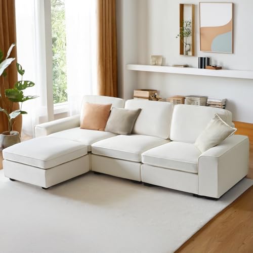 White Chenille L Shaped Sectional Sofa with Storage Ottoman D472