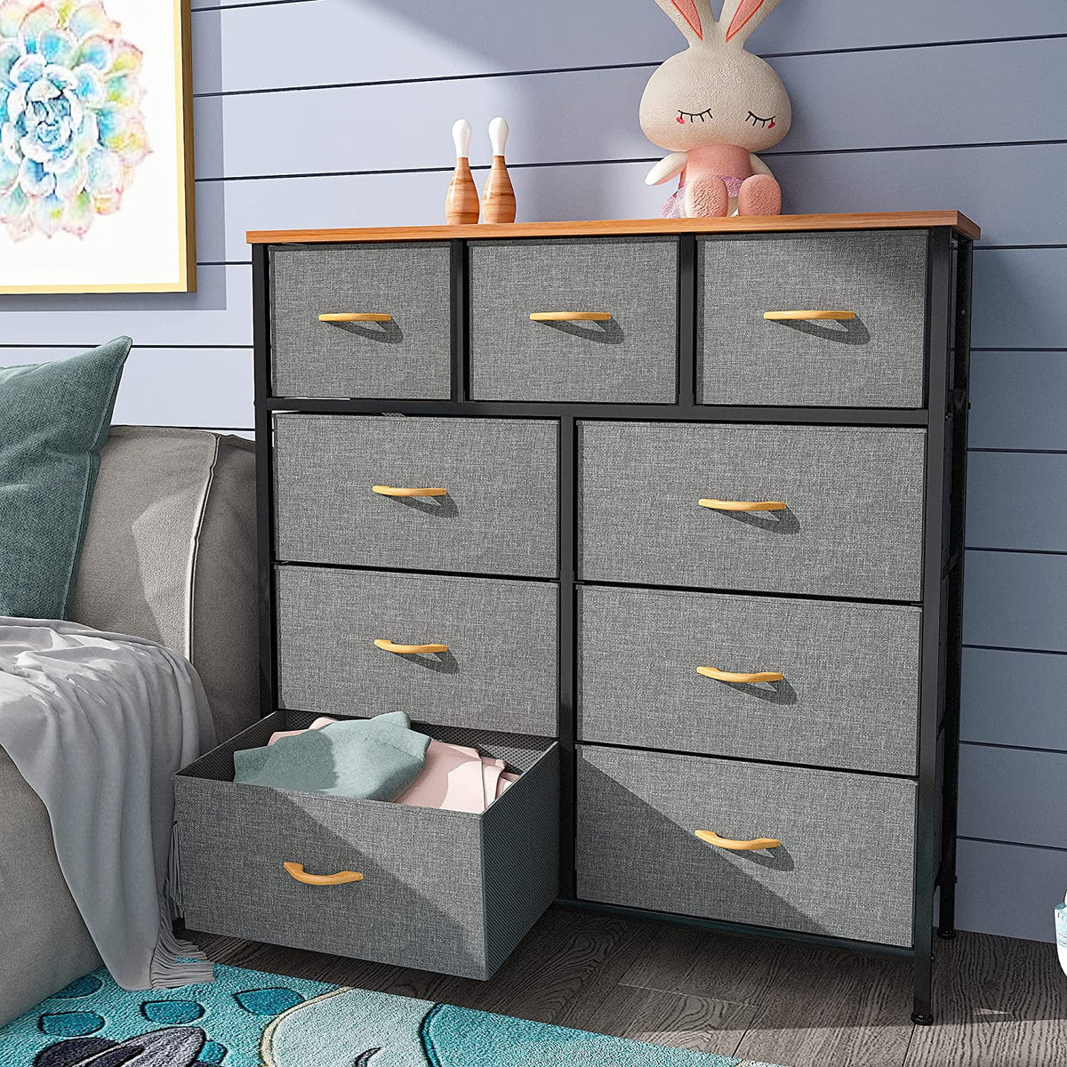 Light Grey 9 Drawer Fabric Dresser L50339