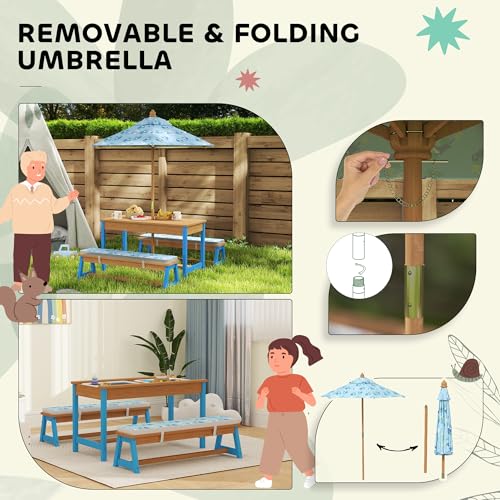 Kids Wooden Picnic Table and Bench Set with Umbrella P60669