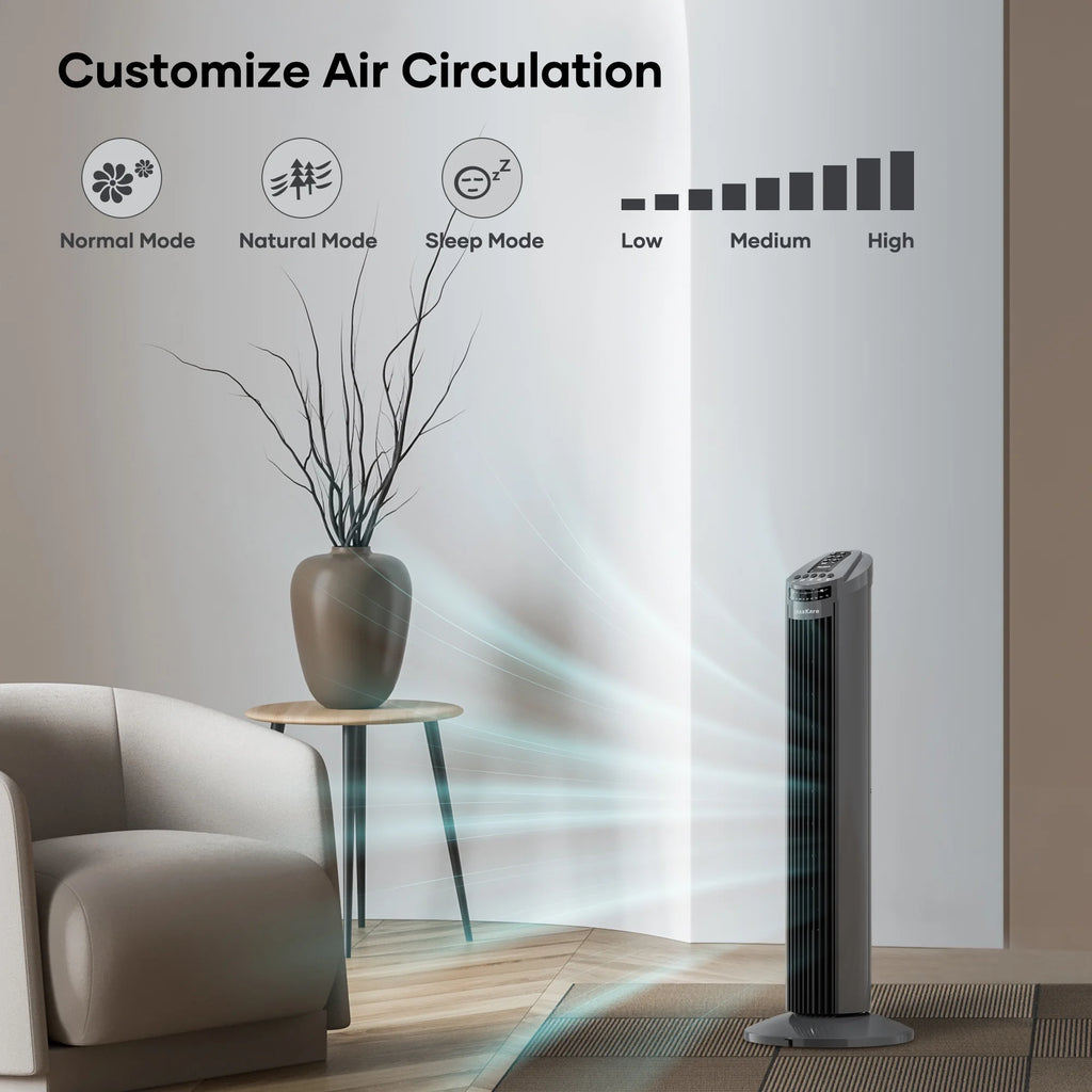 70° Oscillating Tower Fan with Remote Control 3 Speeds 3 Wind Modes Timer Dark Gray K2293