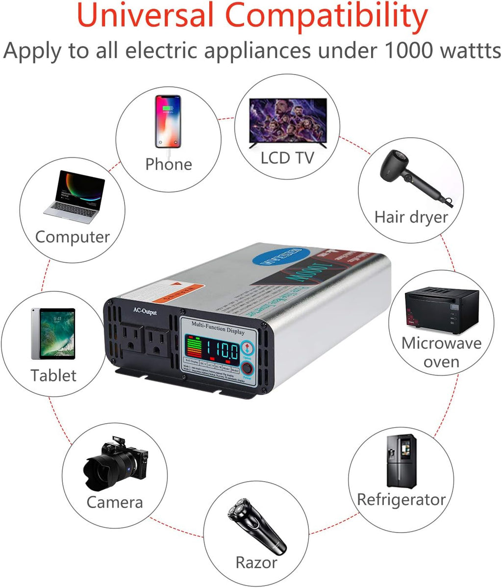 1000W Pure Sine Wave Power Inverter 12V DC to 110V AC with LCD Display 2 AC Outlets L552