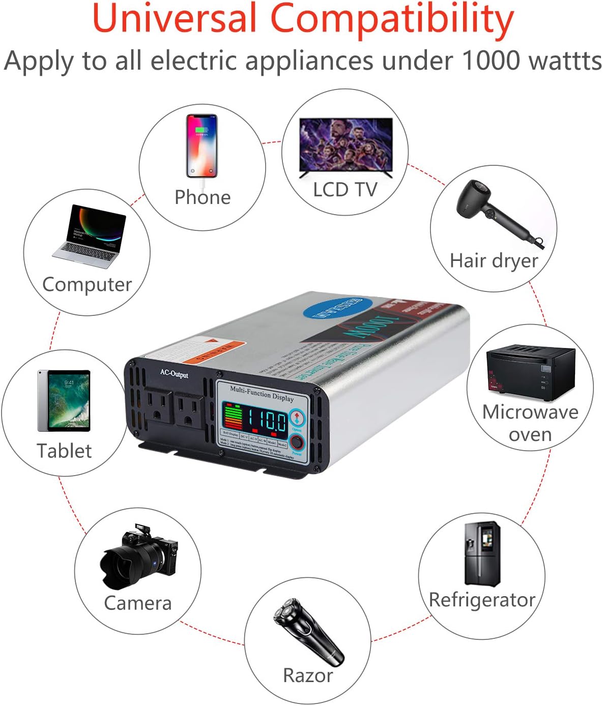 1000W Pure Sine Wave Power Inverter 12V DC to 110V AC with LCD Display 2 AC Outlets L552