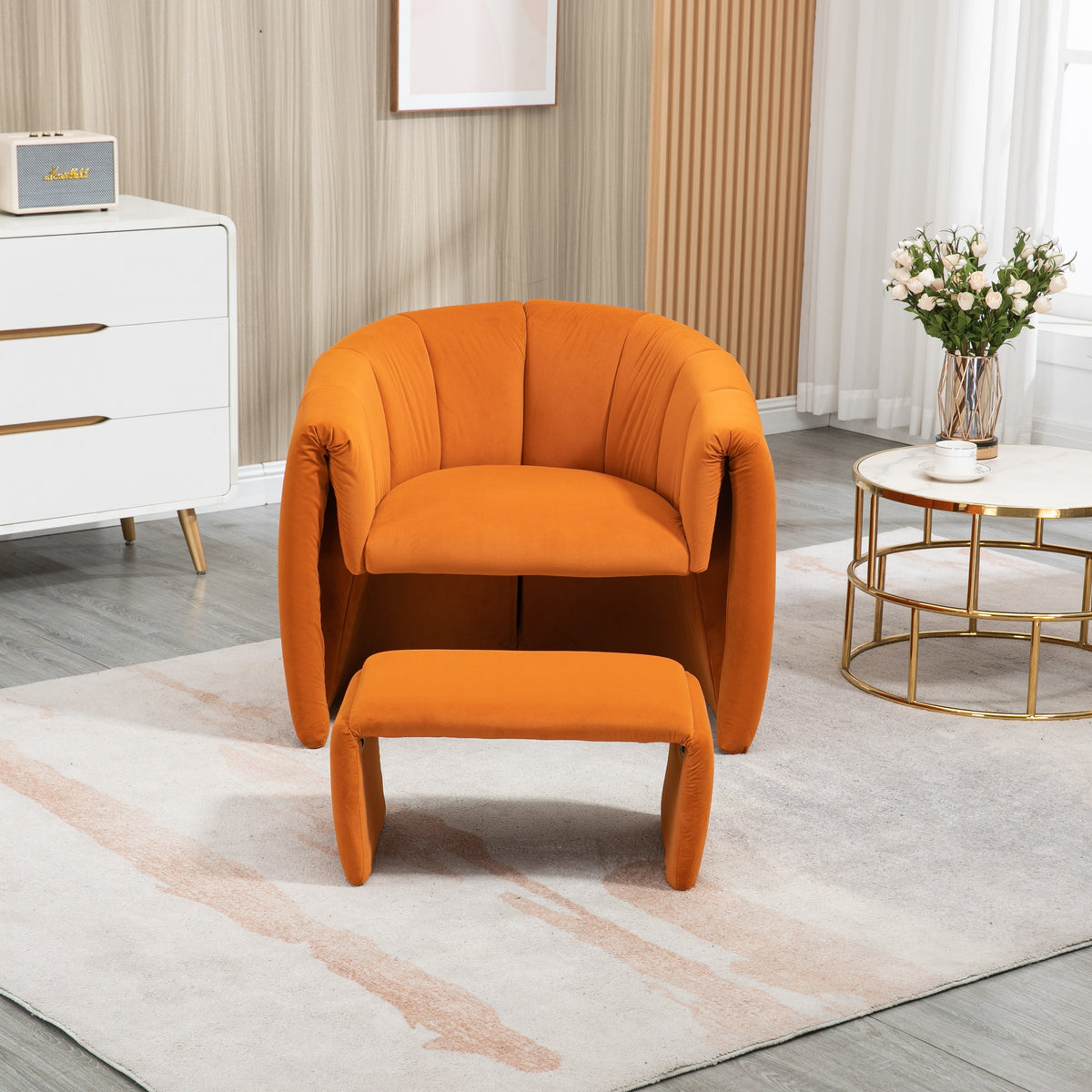 Orange Velvet Single Sofa Chair with Ottoman I5163