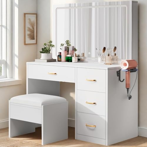 Pearl White Makeup Vanity with Mirror and LED Lights, 4 Drawers E683454