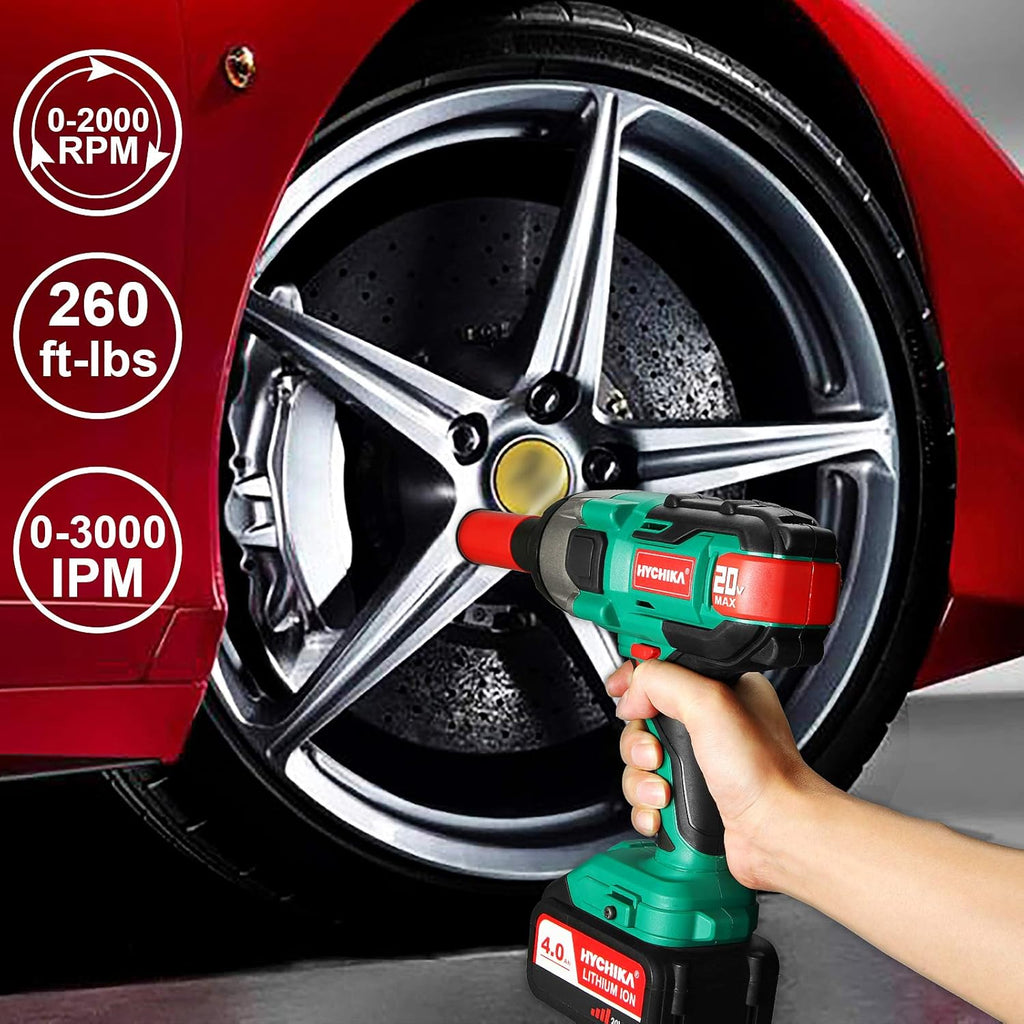 Cordless Impact Wrench 20V Max, 260 Ft-lbs Max Torque, 1/2 Metal Chuck, 4.0 AH Battery, LED Light, 3 Pcs Sockets, Carrying Case H52084