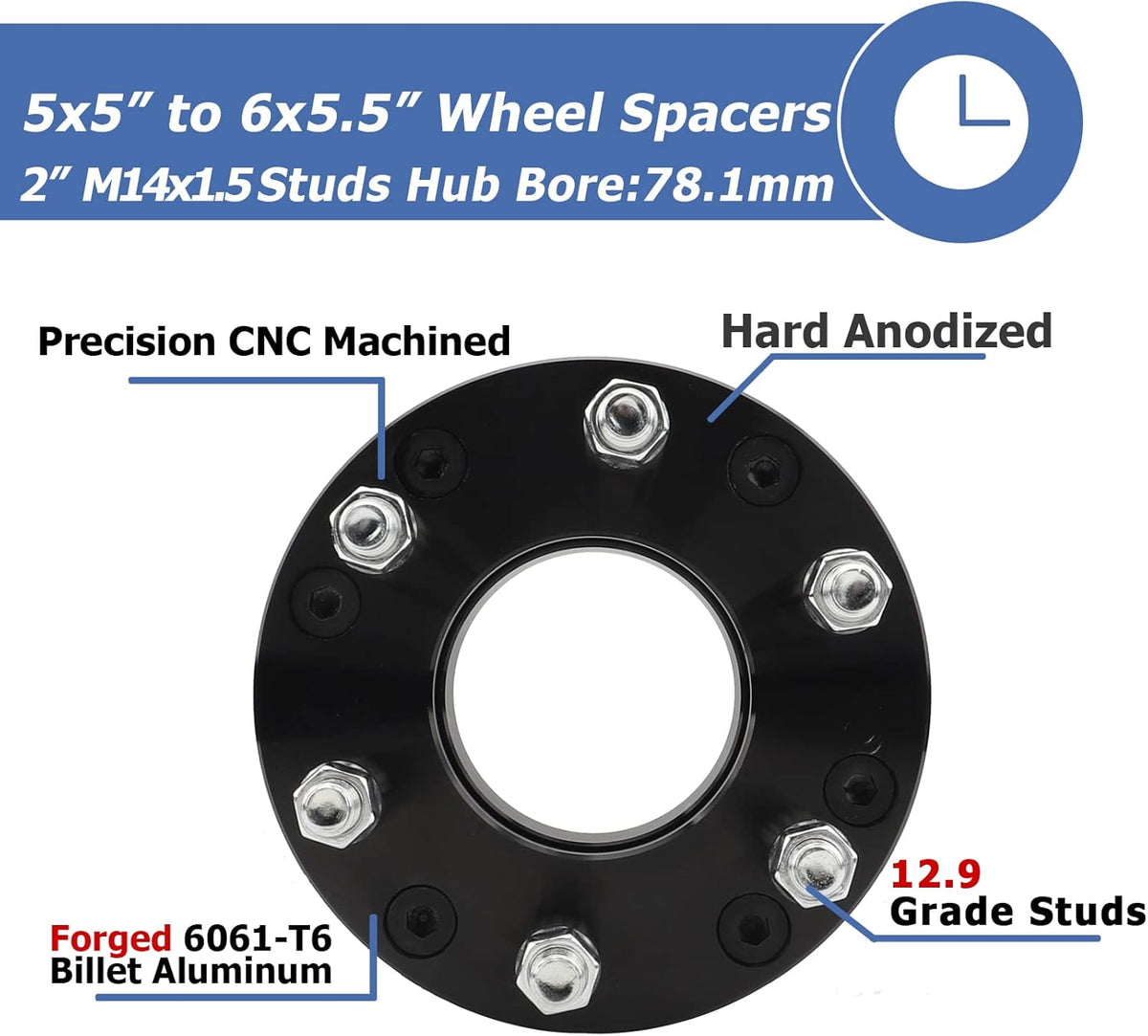 2 Inch 5x5 to 6x5.5 Wheel Adapters with M14x1.5 Studs B4853