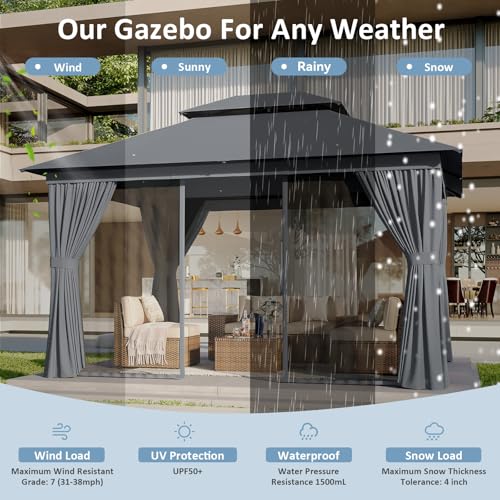 10'x12' Beige Outdoor Patio Gazebo with Mosquito Nettings and Privacy Screens R1522