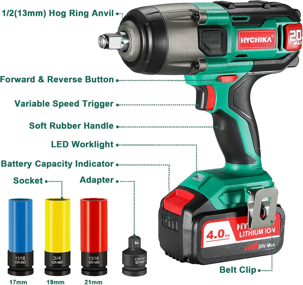 Cordless Impact Wrench 20V Max, 260 Ft-lbs Max Torque, 1/2 Metal Chuck, 4.0 AH Battery, LED Light, 3 Pcs Sockets, Carrying Case H52084