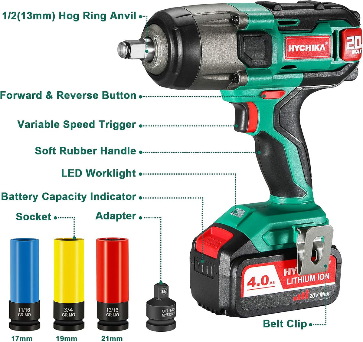 Cordless Impact Wrench 20V Max, 260 Ft-lbs Max Torque, 1/2 Metal Chuck, 4.0 AH Battery, LED Light, 3 Pcs Sockets, Carrying Case H52084