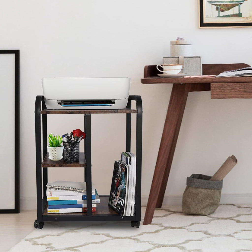 Brown 3 Tier Rolling Printer Cart with Storage M70659