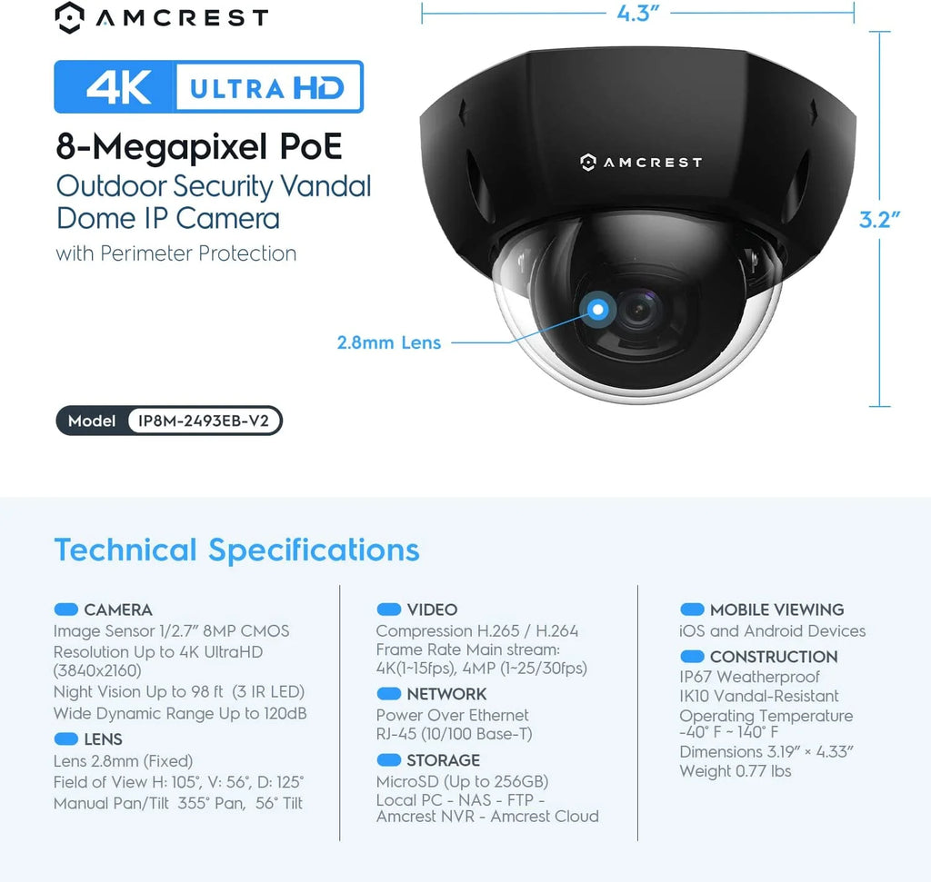 4K 8MP Outdoor Security POE IP Dome Camera with 98ft NightVision 2.8mm Lens I3059