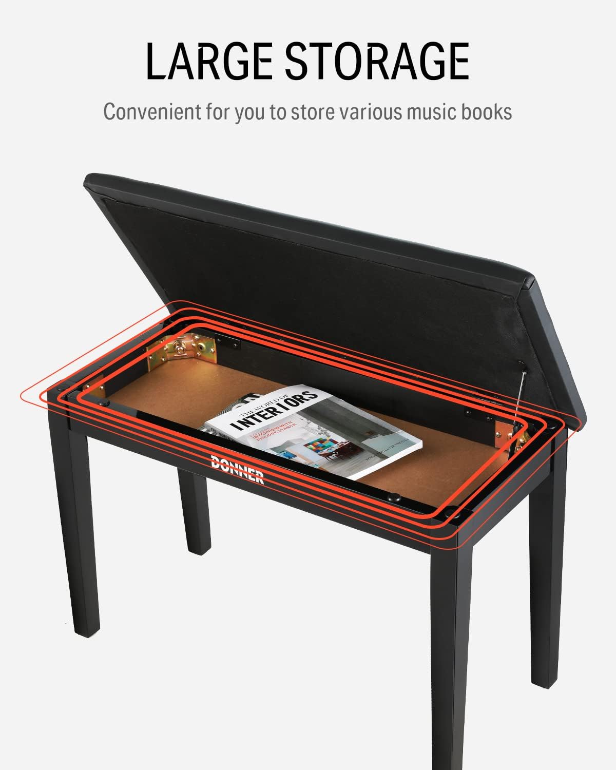 Black Solid Wooden Piano Bench with Storage G374