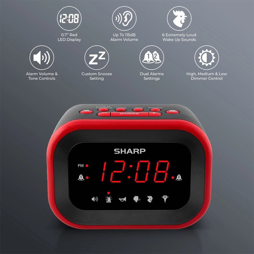 Red/Black Alarm Clock with 6 Wake Up Sounds E1351