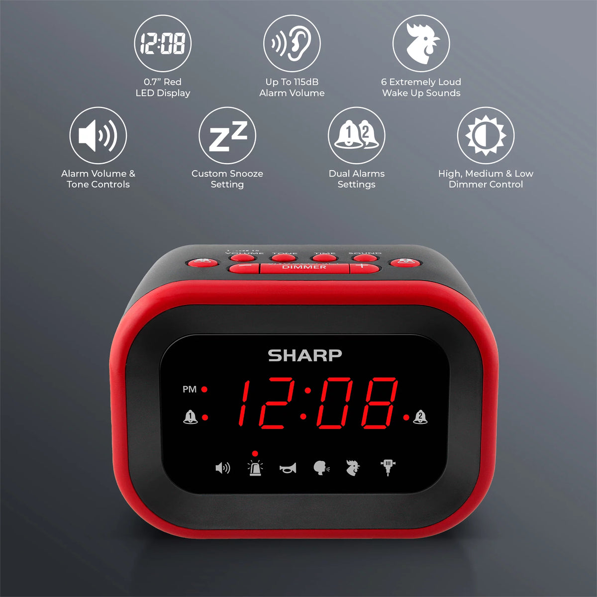 Red/Black Alarm Clock with 6 Wake Up Sounds E1351