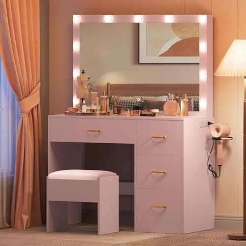 Pearl White Makeup Vanity with Mirror and LED Lights, 4 Drawers E683454