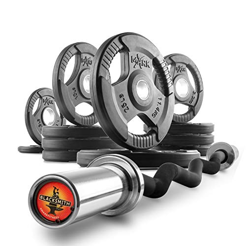 Black Manganese Rubber Coated Olympic Weight Set with EZ Curl Bar I81783