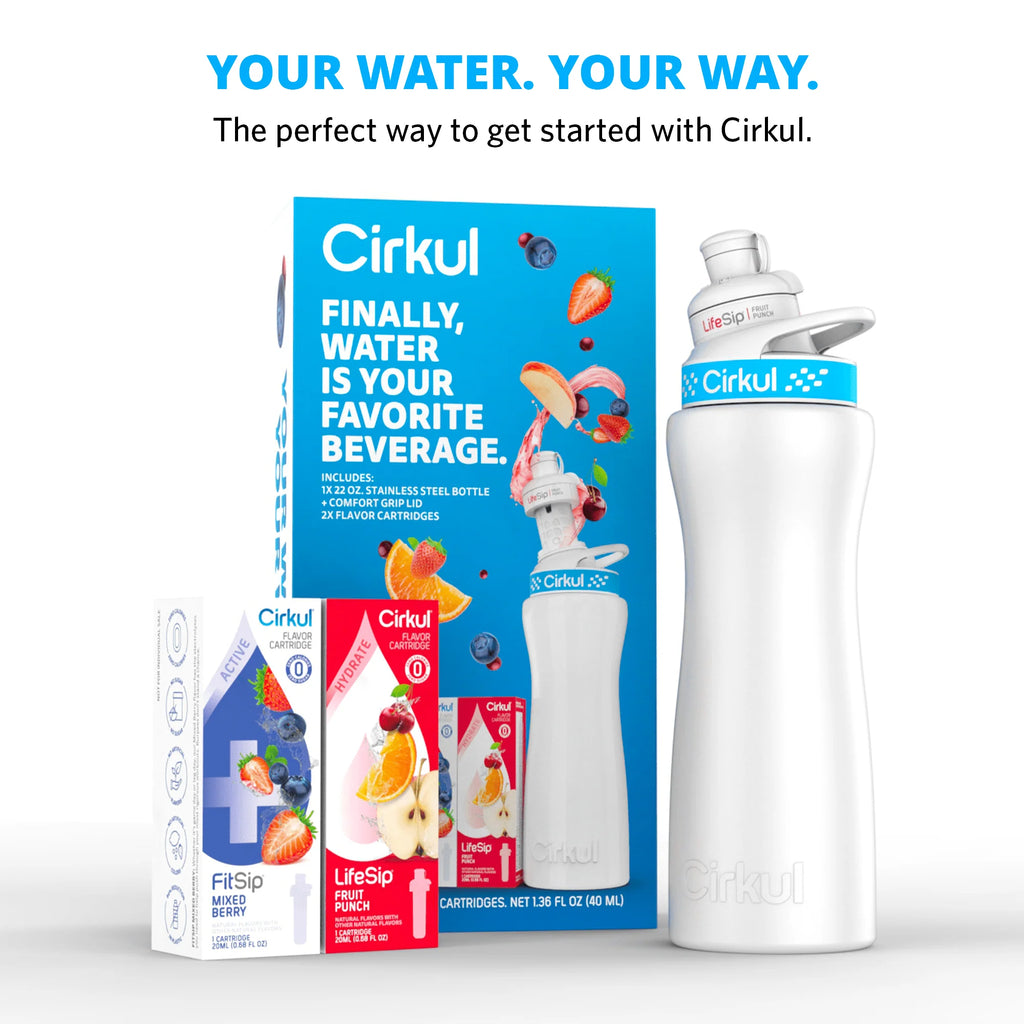 22oz White Stainless Steel Water Bottle with Blue Lid and 2 Flavor Cartridges R1063