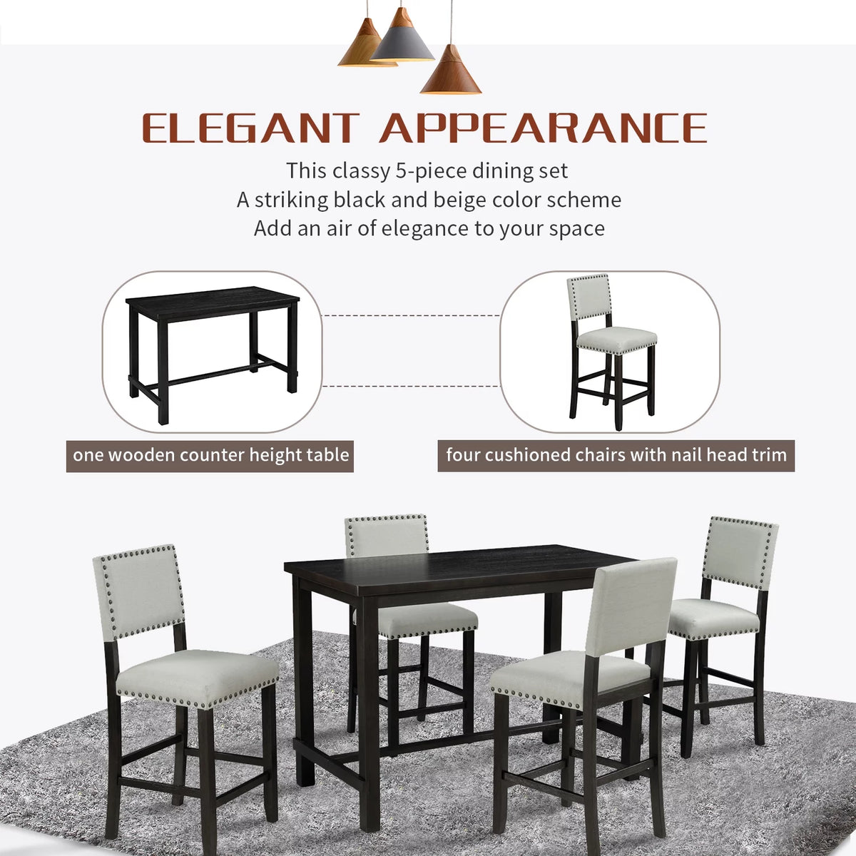 5 Piece Counter Height Dining Table Set with 4 Cushioned Chairs S864500