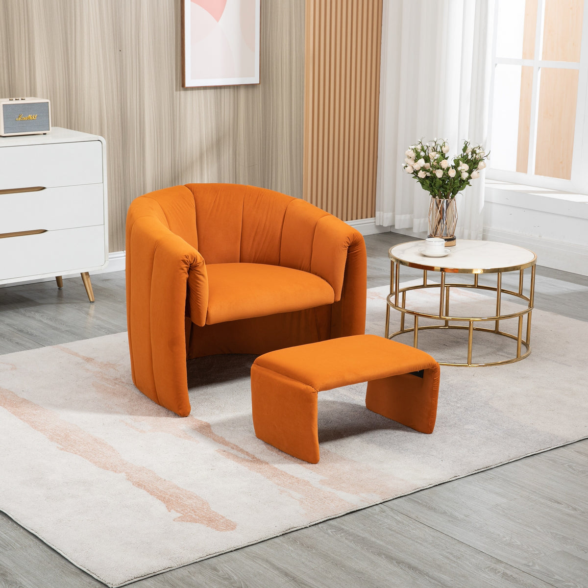 Orange Velvet Single Sofa Chair with Ottoman I5163