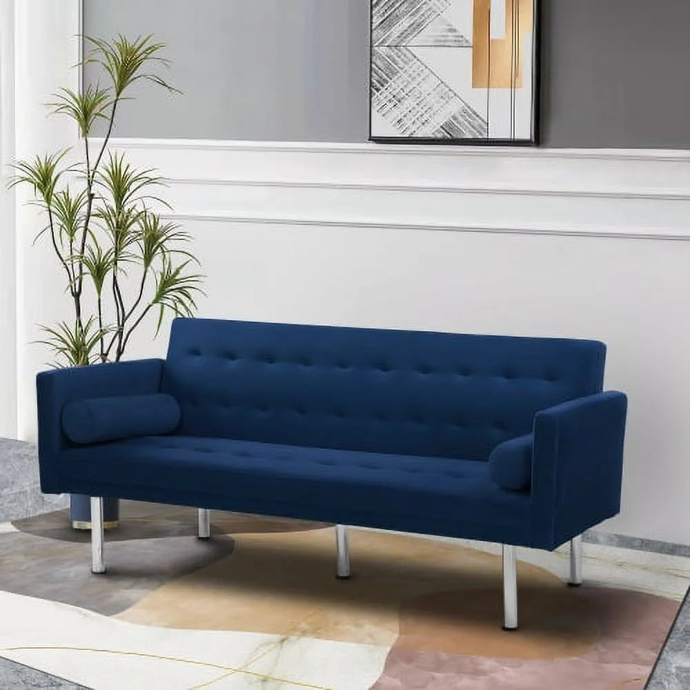Blue Velvet Tufted Futon Sofa with 2 Pillows I320