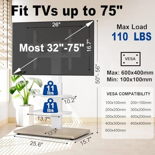 White Height Adjustable Swivel TV Floor Stand for 32-75 inch TVs R452