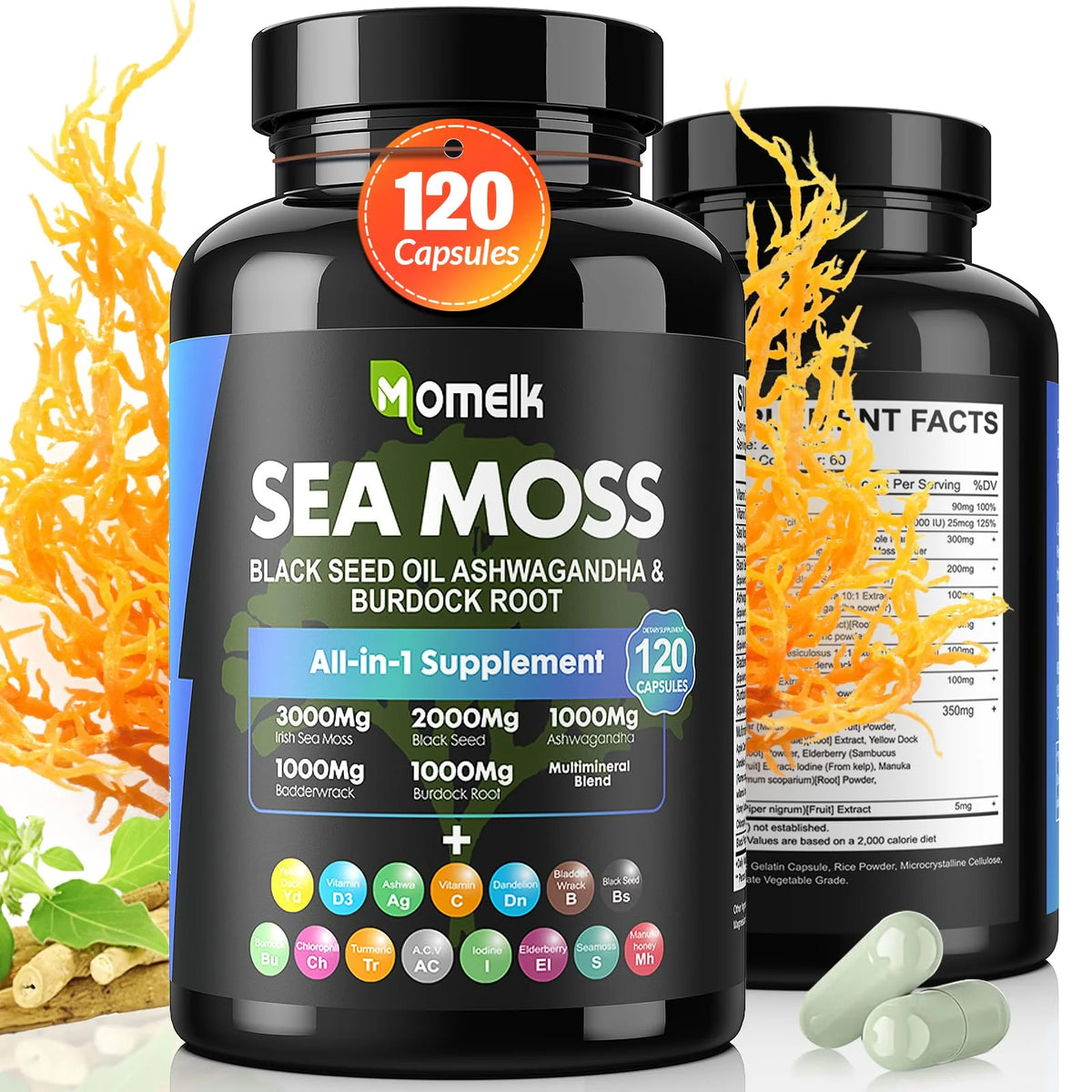 Sea Moss Ashwagandha Black Seed Oil Turmeric Burdock Bladderwrack Vitamin C D3 Elderberry Manuka Dandelion Yellow Dock Iodine Chlorophyll ACV 120 Pills N4837