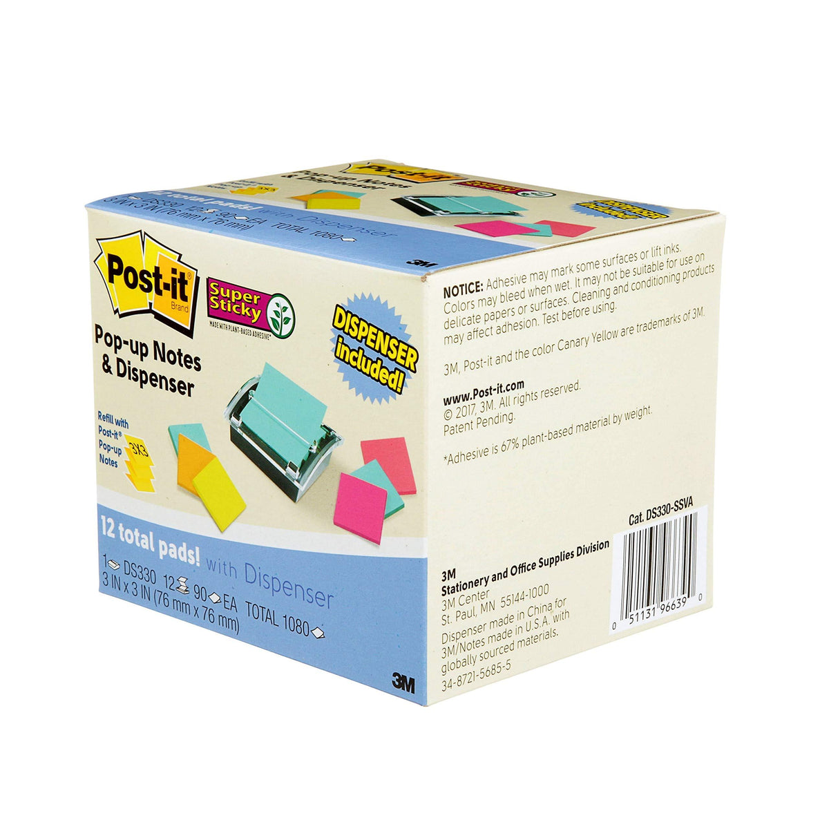 Super Sticky Note and Dispenser Value Pack, 3 x 3 Inches, 90-Sheet Pad (12 Pack) U55631