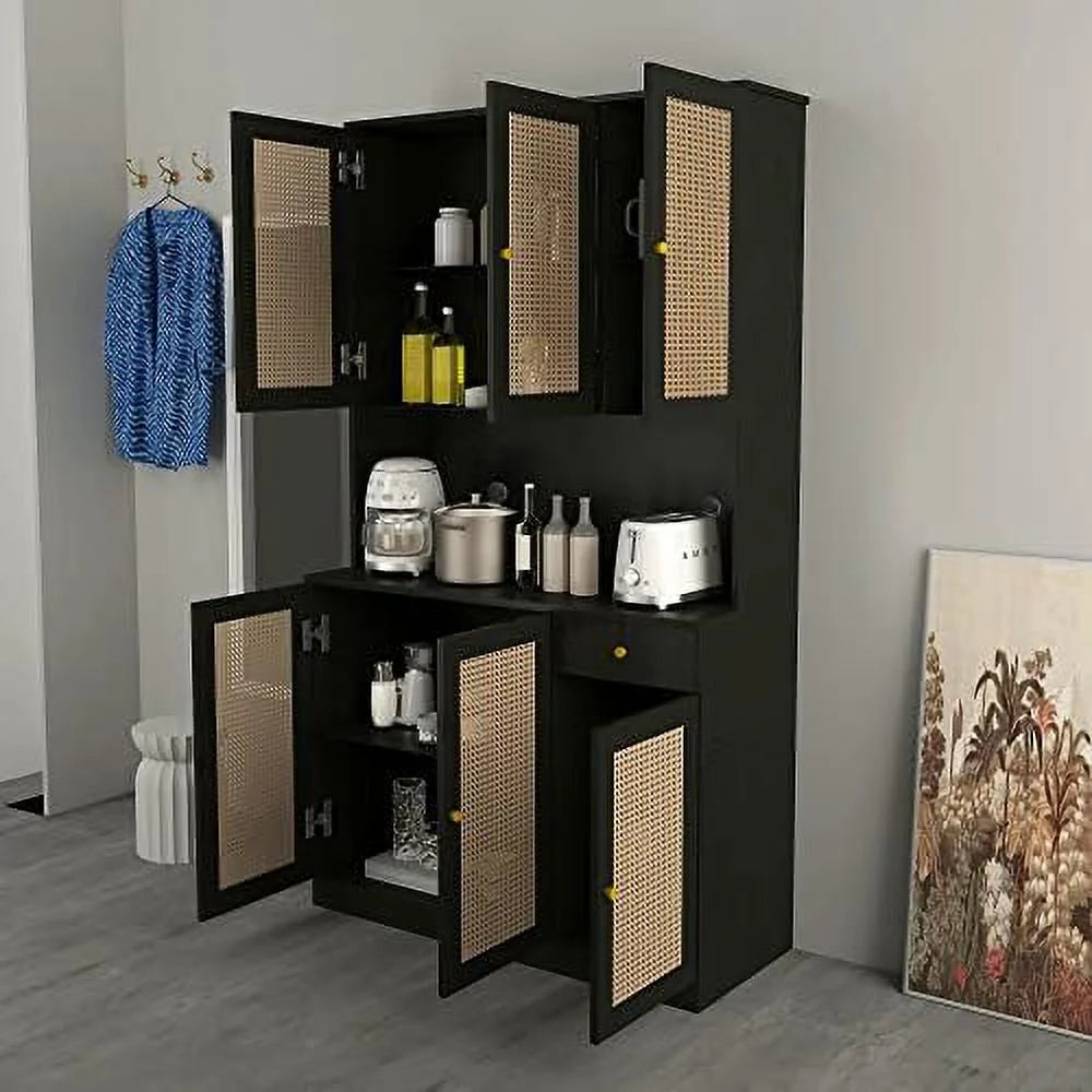 71” Rattan Kitchen Pantry Cabinet with 6 Doors & Drawer N4876