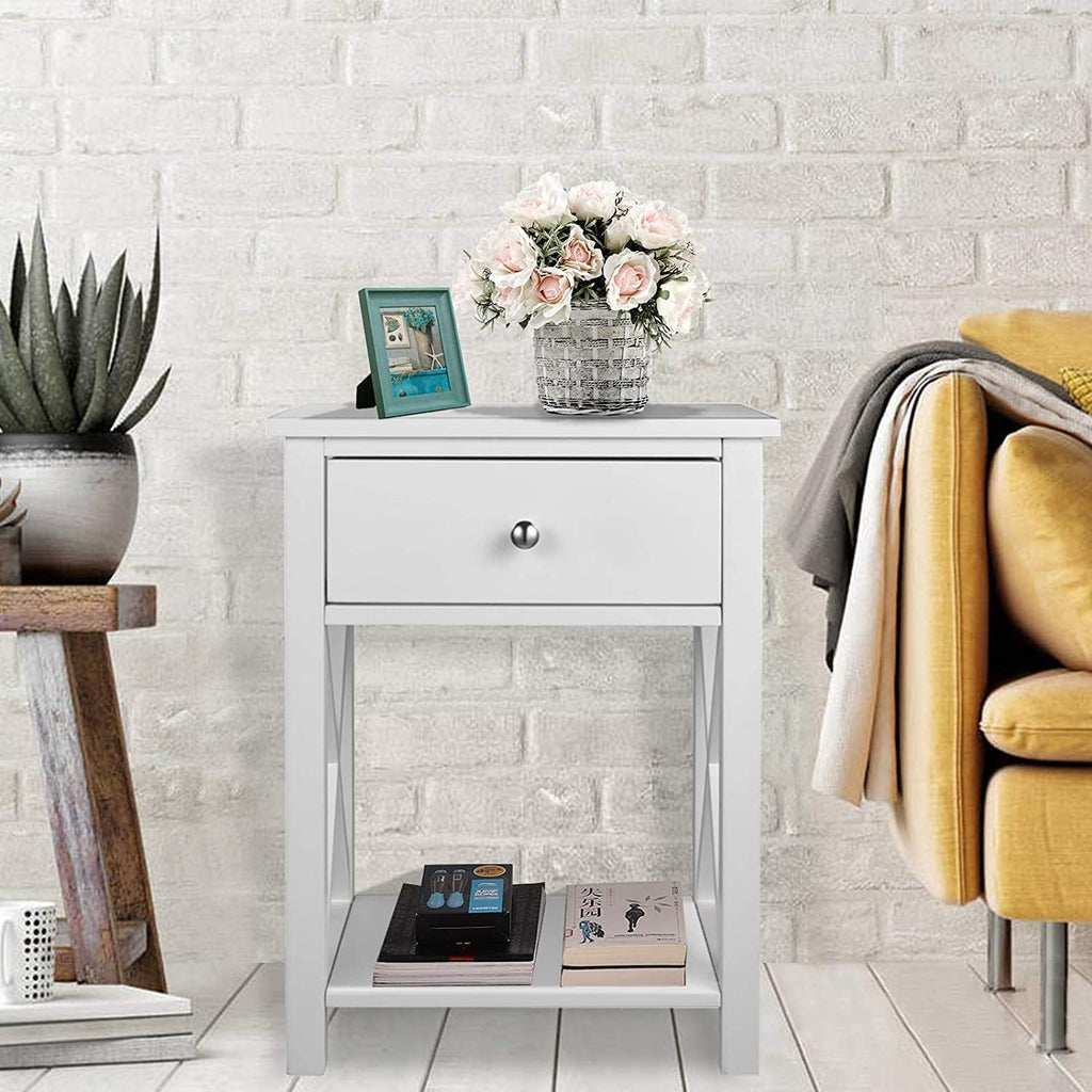 2 Pcs White Wooden Side End Table Night Stand with Bin Drawer P25854