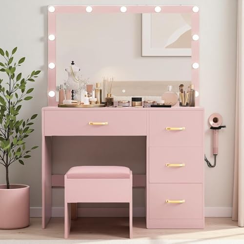 Pearl White Makeup Vanity with Mirror and LED Lights, 4 Drawers E683454