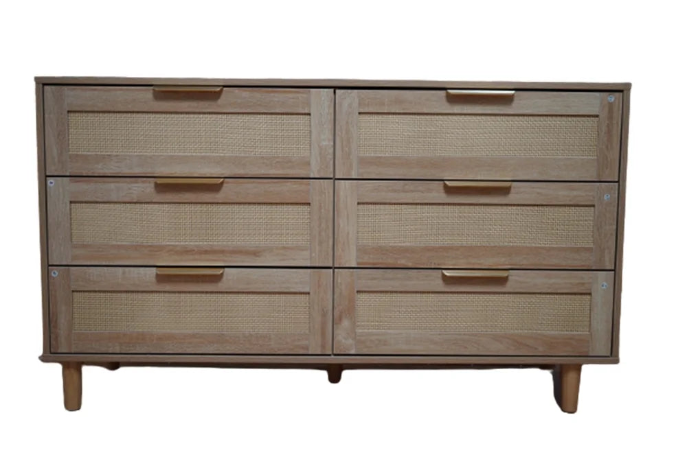 Modern 6 Drawer Rattan Dresser with Gold Handles F4137