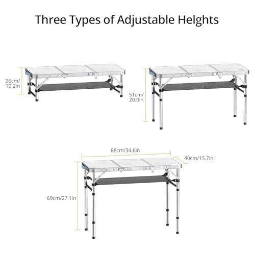 Folding Camping Table with Storage Net, 3 Adjustable Height, Pure Black V881326