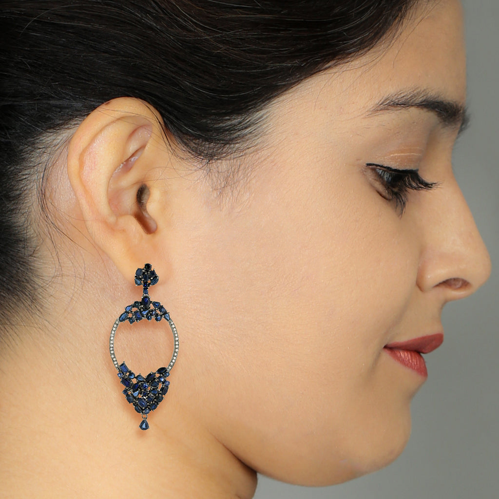 Pave Diamond Blue Sapphire Dangle Earrings W53478