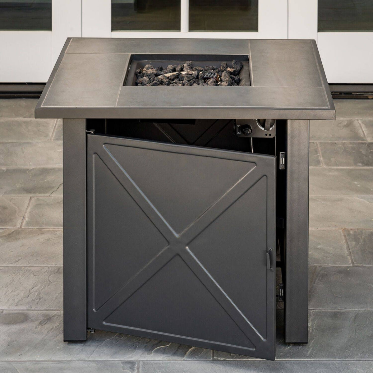 GAS Fire Pit with Tile Top and Light Gray Lava Rocks D51277