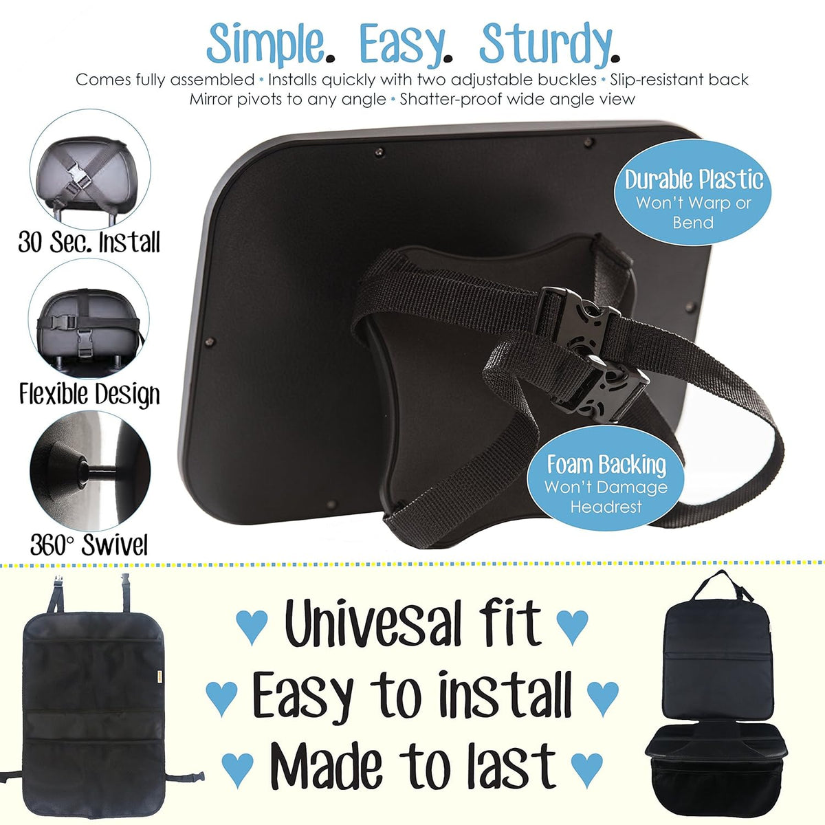 Double Baby Car Bundle - Car Seat Protector Cover, Baby Car Mirror, Kick Mat Organizer J94501