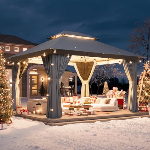 10'x12' Beige Outdoor Patio Gazebo with Mosquito Nettings and Privacy Screens R1522