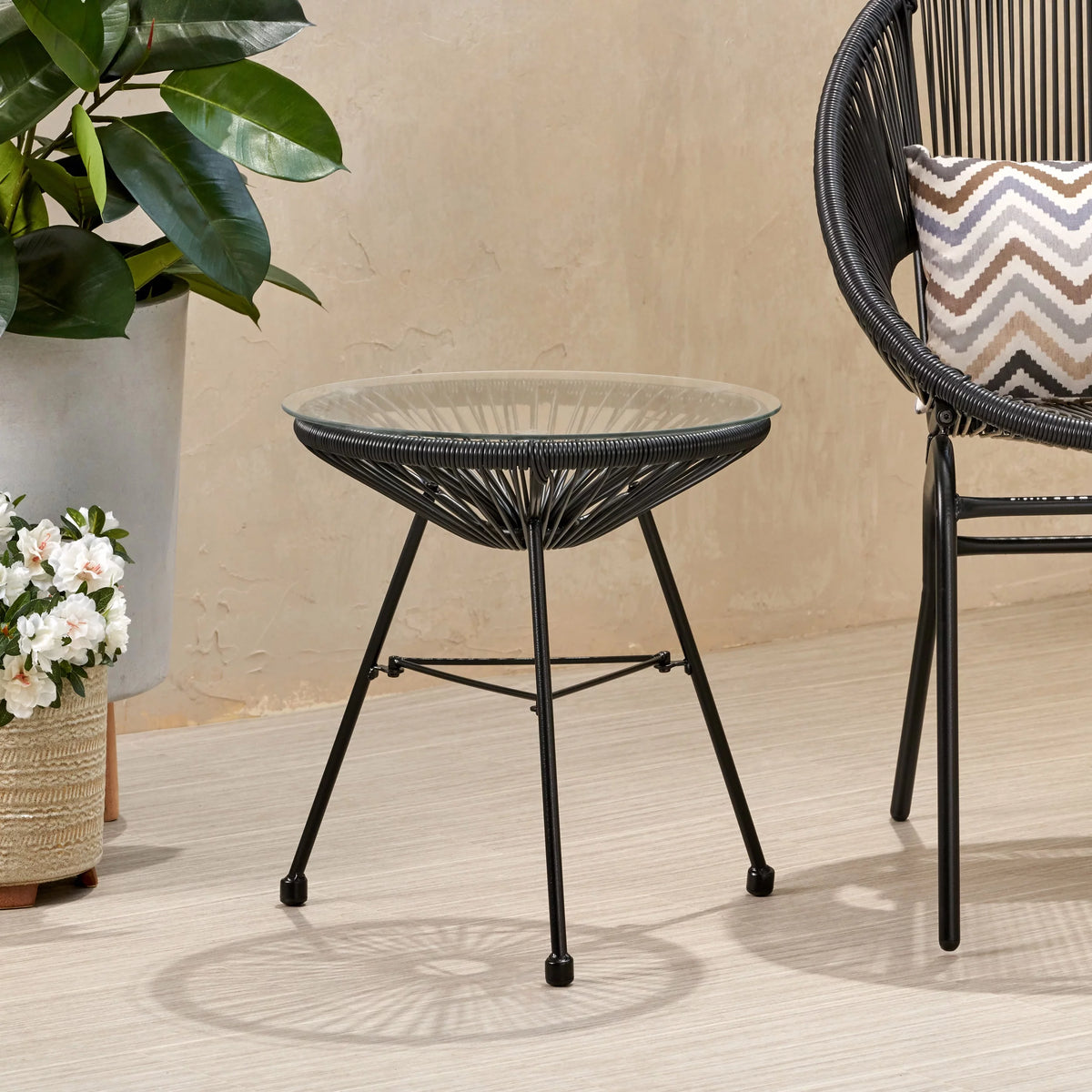 Black Tempered Glass Top Faux Rattan Side Table G123281