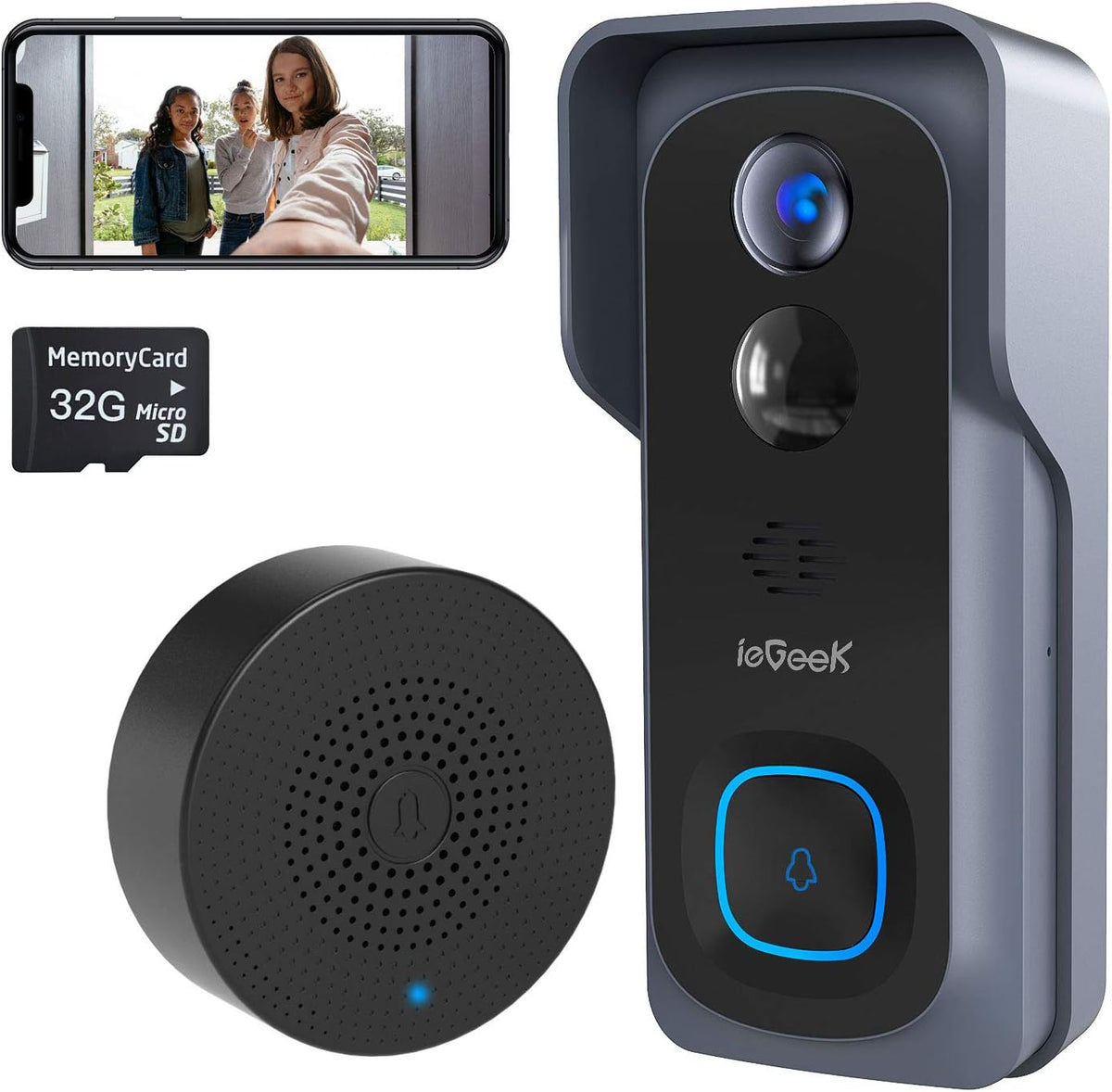 Wireless Video Doorbell Camera with 32GB SD Card & Indoor Chime, 1080P HD X6746
